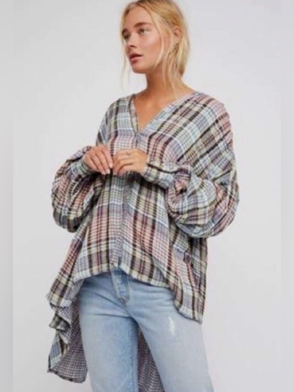 Free People - Come On Over Plaid Pleated Oversized Button Down Blouse Size Small